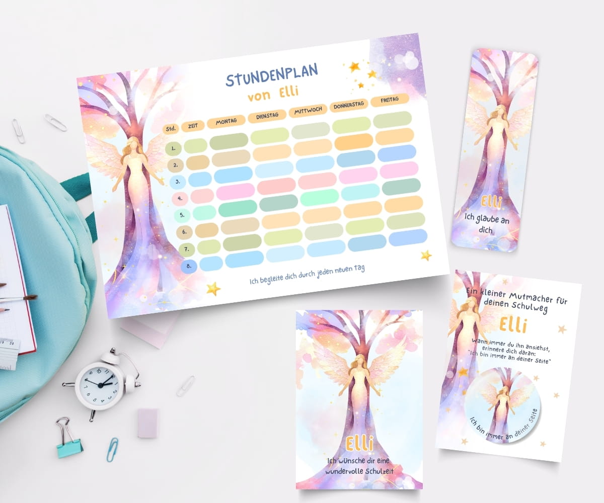 Personalisierter Stundenplan zur Einschulung mit Engel - Schulanfangs-Set mit Lesezeichen, Karte & Button