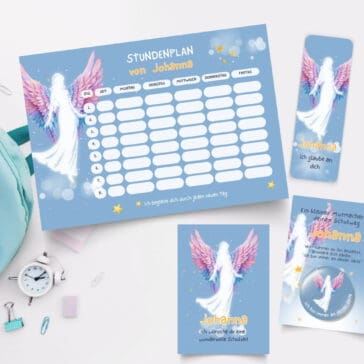 Personalisierter Stundenplan zur Einschulung mit Engel - Schulanfang Set mit Lesezeichen, Karte & Button