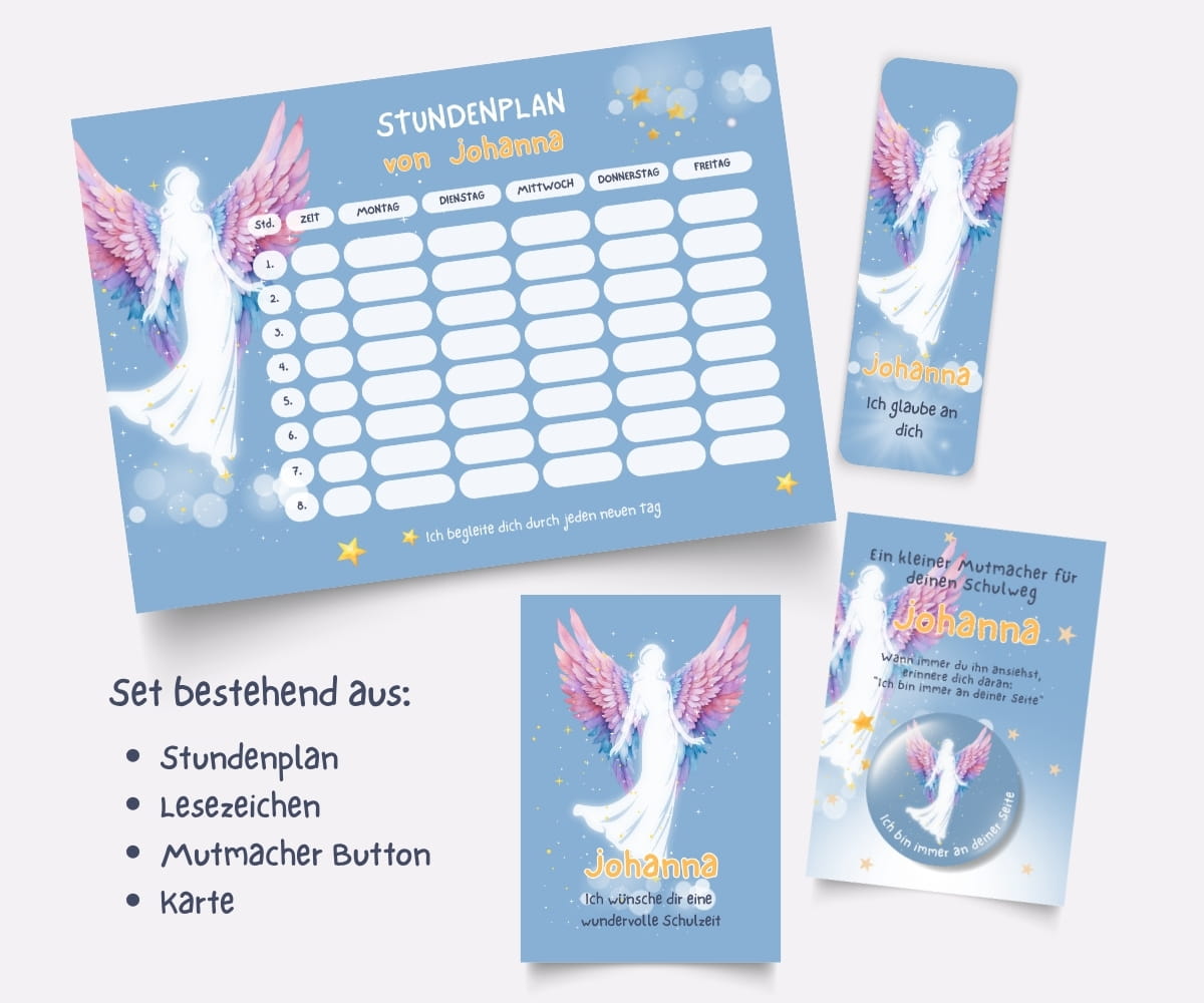 Personalisierter Stundenplan zur Einschulung mit Engel - Schulanfang Set mit Lesezeichen, Karte & Button – Bild 2