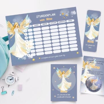 Personalisierter Stundenplan zur Einschulung mit Engel - Schulanfang Set mit Lesezeichen, Karte & Button
