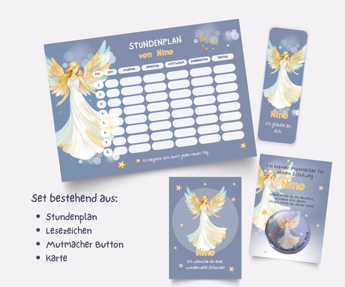 Personalisierter Stundenplan zur Einschulung mit Engel - Schulanfang Set mit Lesezeichen, Karte & Button – Bild 2