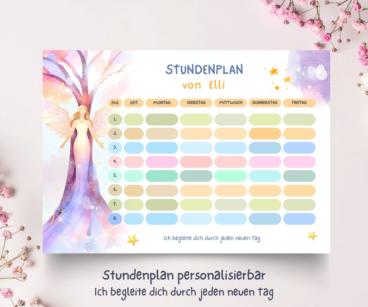 Personalisierter Stundenplan zur Einschulung mit Engel - Schulanfangs-Set mit Lesezeichen, Karte & Button – Bild 3