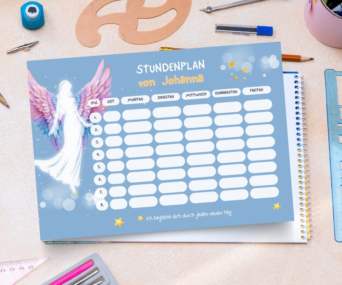 Personalisierter Stundenplan zur Einschulung mit Engel - Schulanfang Set mit Lesezeichen, Karte & Button – Bild 4