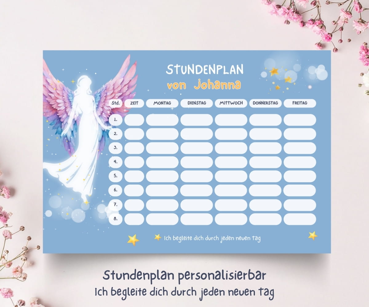 Personalisierter Stundenplan zur Einschulung mit Engel - Schulanfang Set mit Lesezeichen, Karte & Button – Bild 3