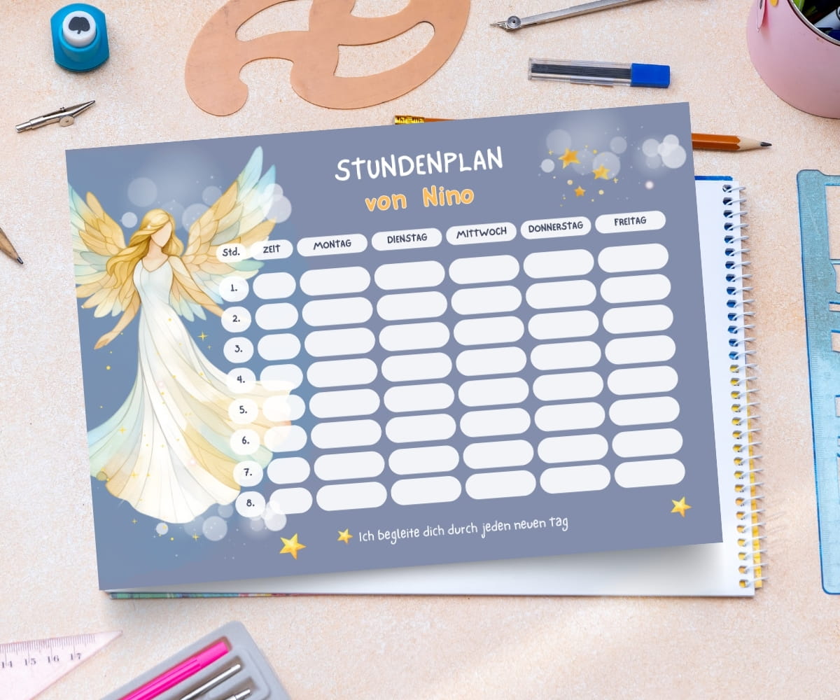 Personalisierter Stundenplan zur Einschulung mit Engel - Schulanfang Set mit Lesezeichen, Karte & Button – Bild 4