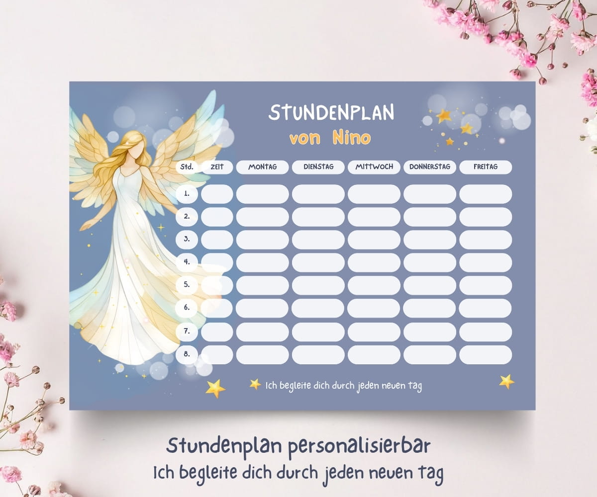 Personalisierter Stundenplan zur Einschulung mit Engel - Schulanfang Set mit Lesezeichen, Karte & Button – Bild 3